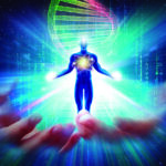 une image d'un homme sortant des main avec une matrice et une hélice d'ADN pour symboliser des soins de guérison holistique proposés par O coeur de l'Eau